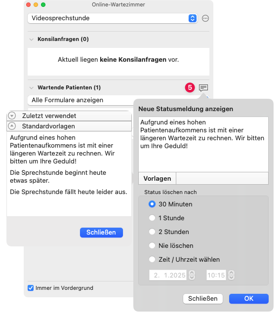 tomedo handbuch videosprechstunde online wartezimmer statusmeldung