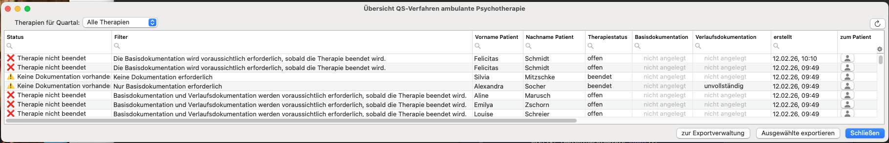 Screenshot der Übersicht der Dokumentationen